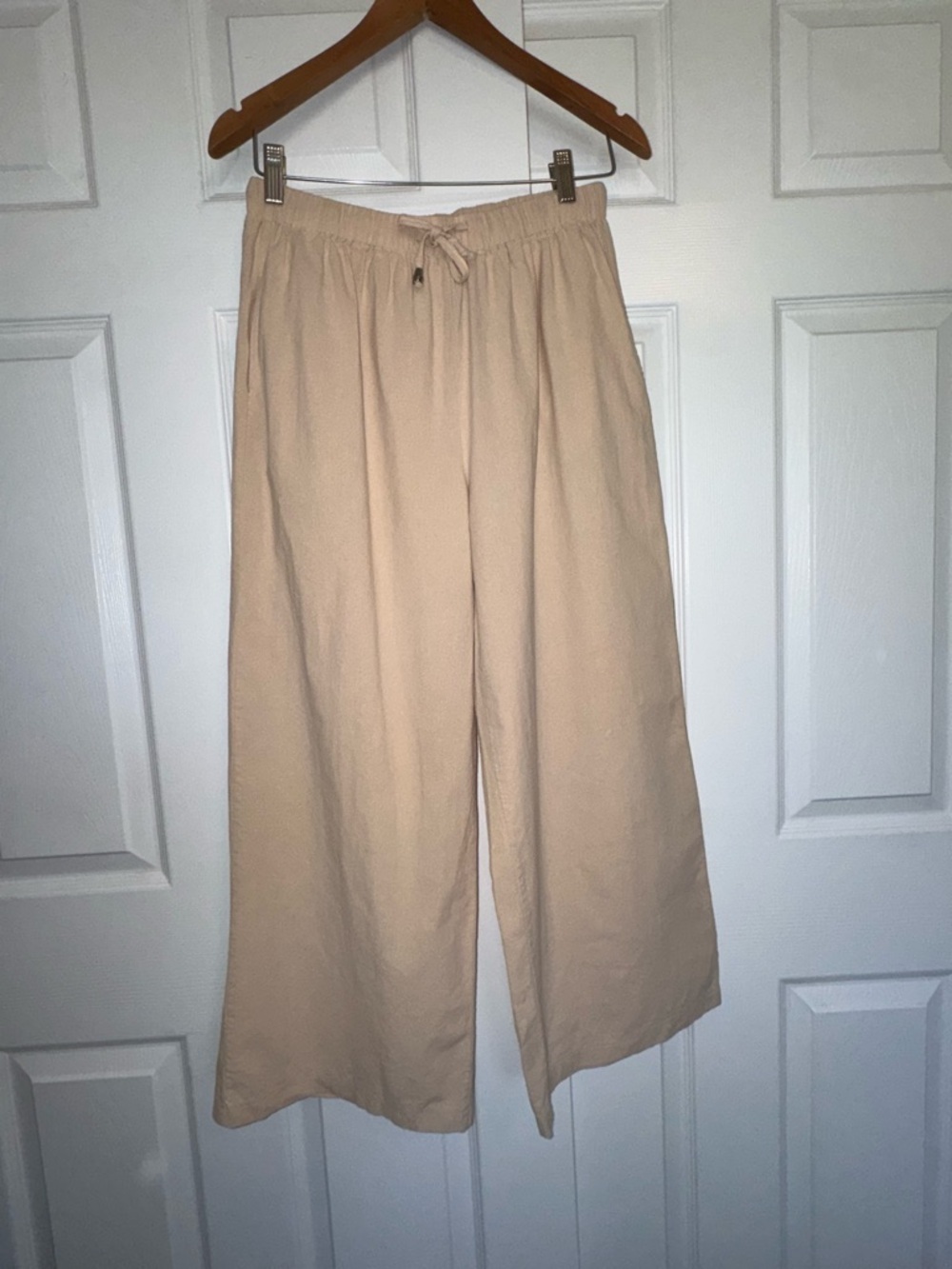 100% Linen Wide Leg Pants Neutral Beige Elastic Waist Drawstring Relaxed M - Picture 2 of 9